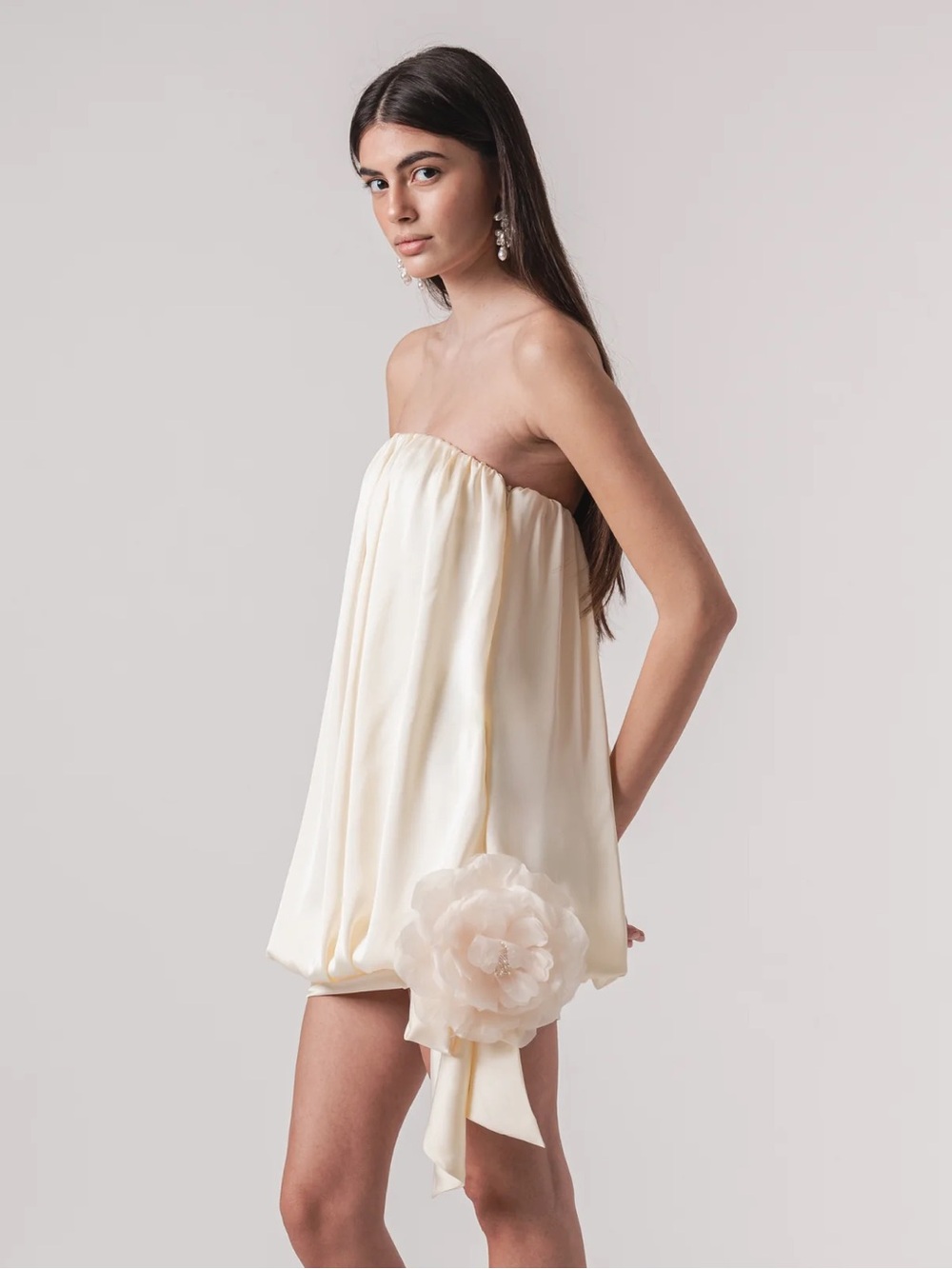 Strapless Cream Bubble Midi Dress with Floral Accent - SEAM - Chloe mini dress